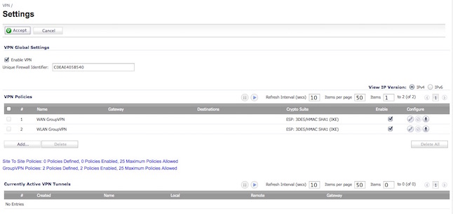 This summary screen displays the individual policies that have been already set up for the device.