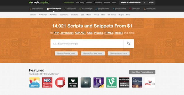 Screenshot of CodeCanyon's envato market website home page
