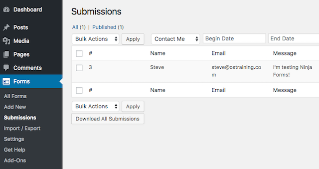 Ninja Forms WordPress Submissions