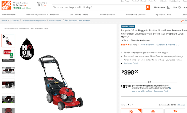 Home Depot product description for law mower