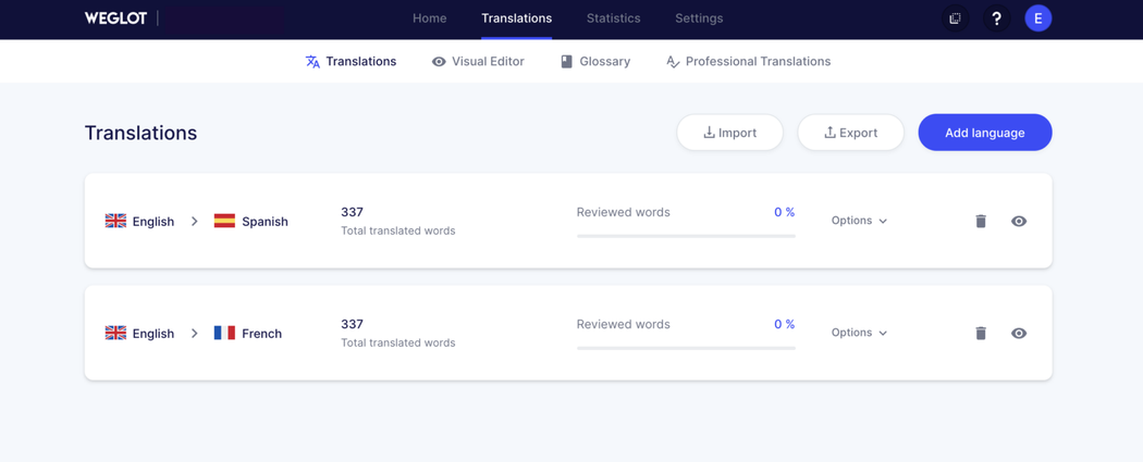 Screenshot of translations in WeGlot for international SEO