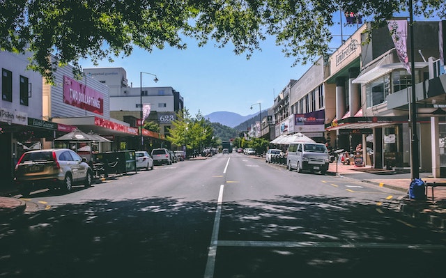 Looking down a local street with shops