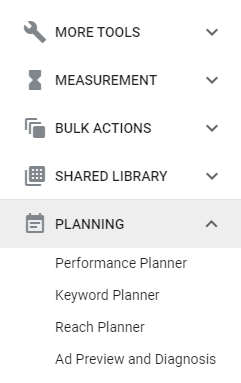 Example of planning options in Google Keyword Planner