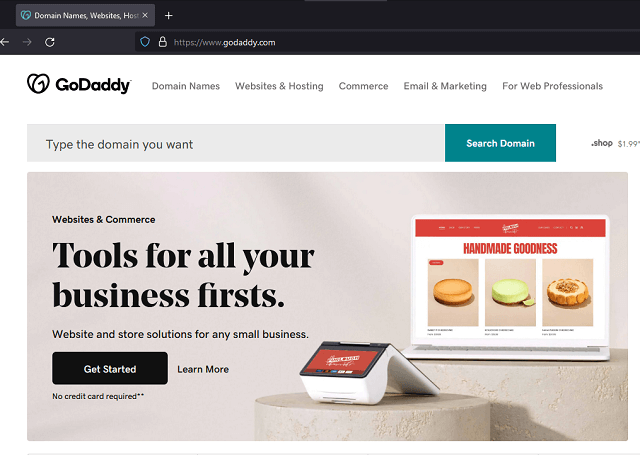 Screenshot of GoDaddy's Websites & Commerce landing page