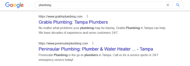 Screenshot of plumbing Google Search