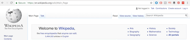 Screenshot of Wikipedia homepage with url address showing on top