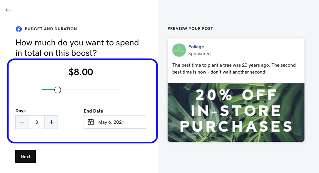 Ad spend options for boosted posts