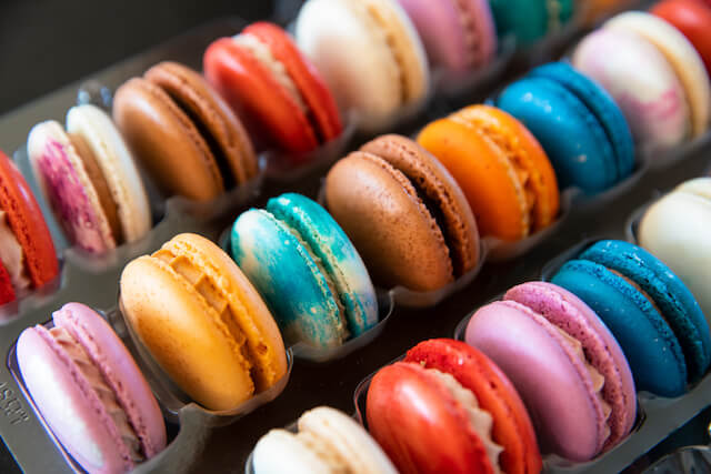 tray of colorful macarons