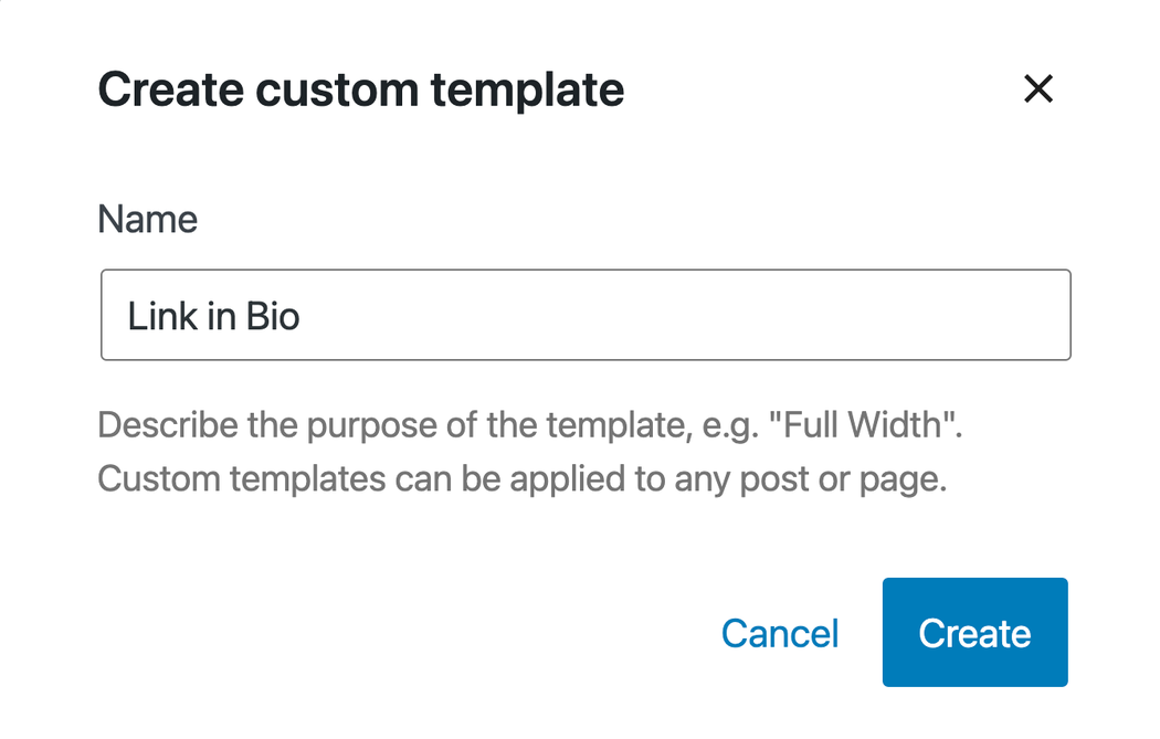 Screenshot showing how to enter the name of your custom WordPress template