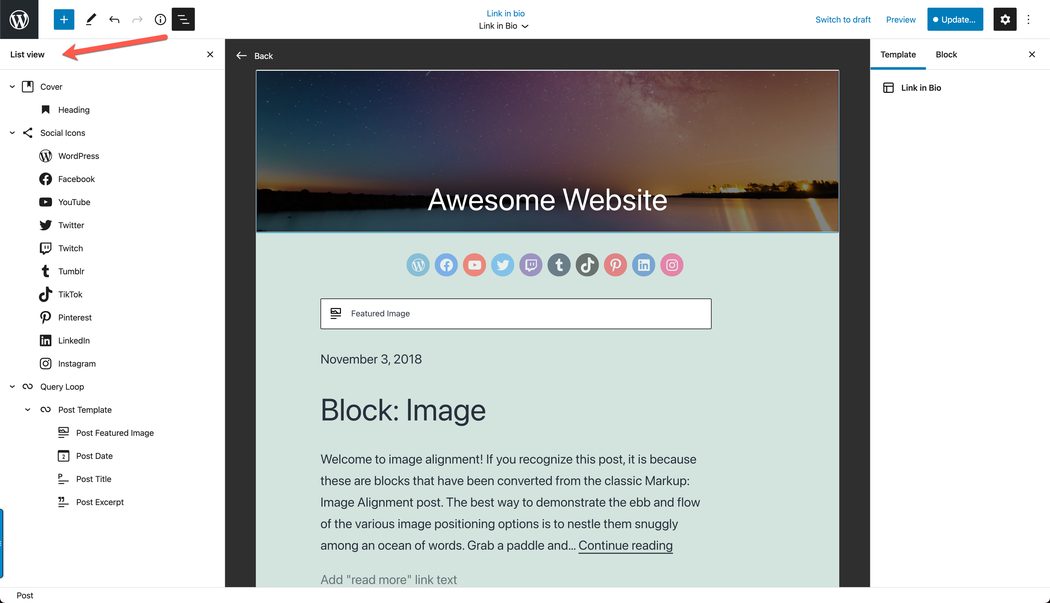 A completed WordPress Template Editor example with the List View displaying at left.