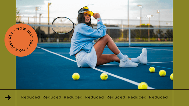 GoDaddy Studio template woman on tennis court with tennis racket