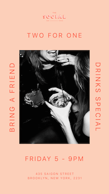 Two for one drink special poster created in GoDaddy Studio