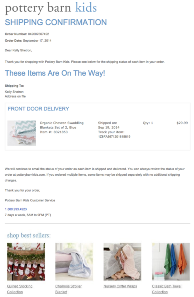 Pottery barn - confirmation email