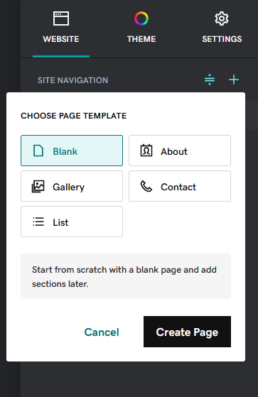 Options for adding new pages in GoDaddy Online Store