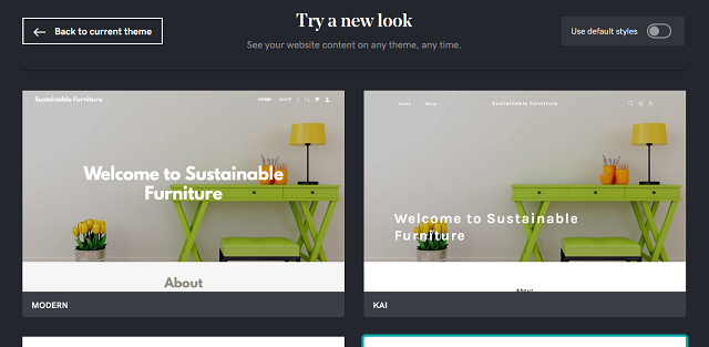 Theme selection page in GoDaddy Online Store