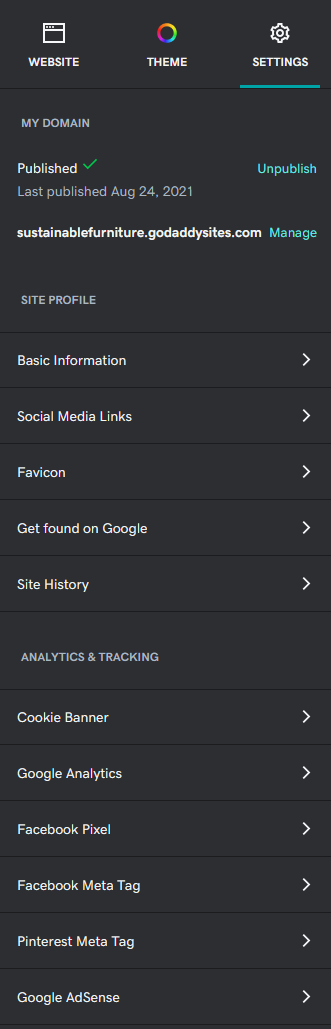 GoDaddy Online Store settings page