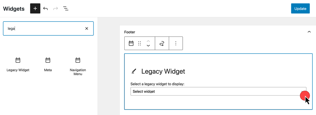 Screenshot inserting a legacy widget