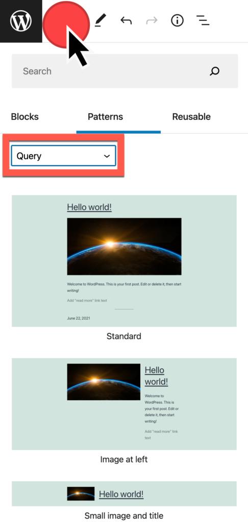 add a query loop from the block pattern selector