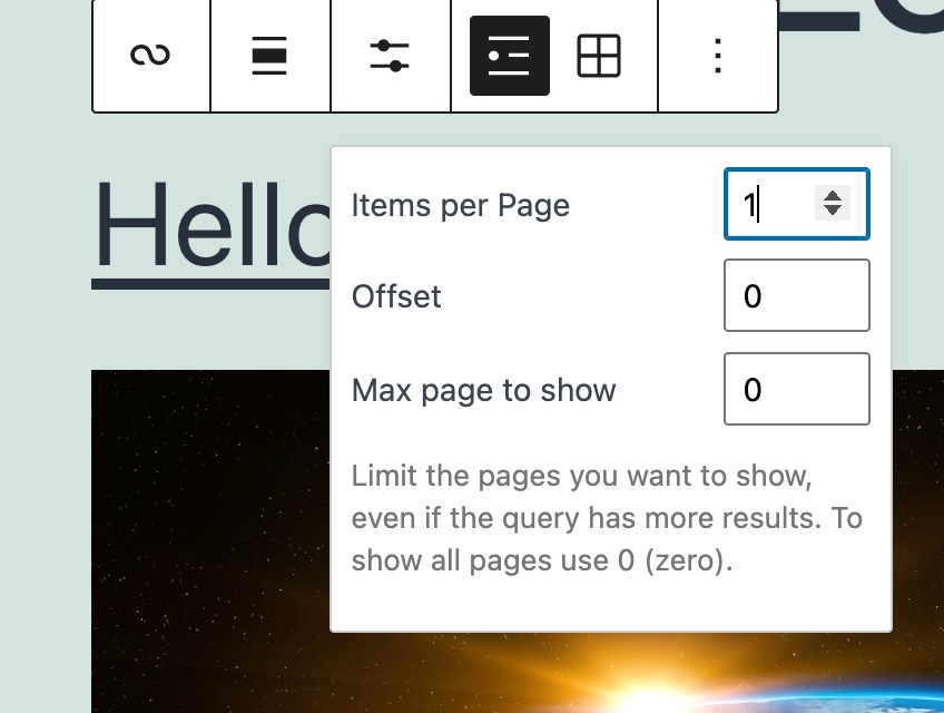 query loop block toolbar showing customizing the list view within, controlling the number of posts per query