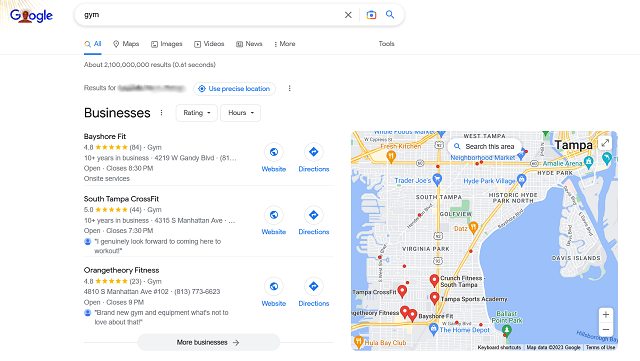 Google Maps search results for the word "gym"