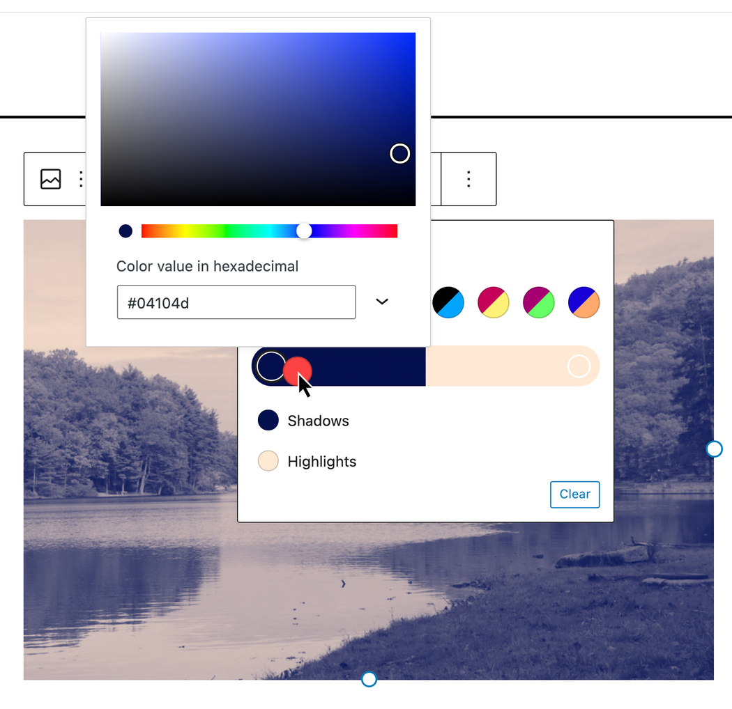 WordPress duotone filter preview color picker