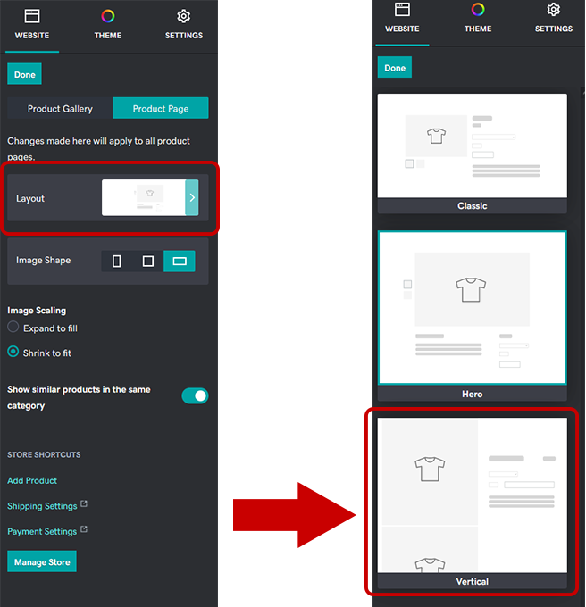 Selection options for vertical product pag