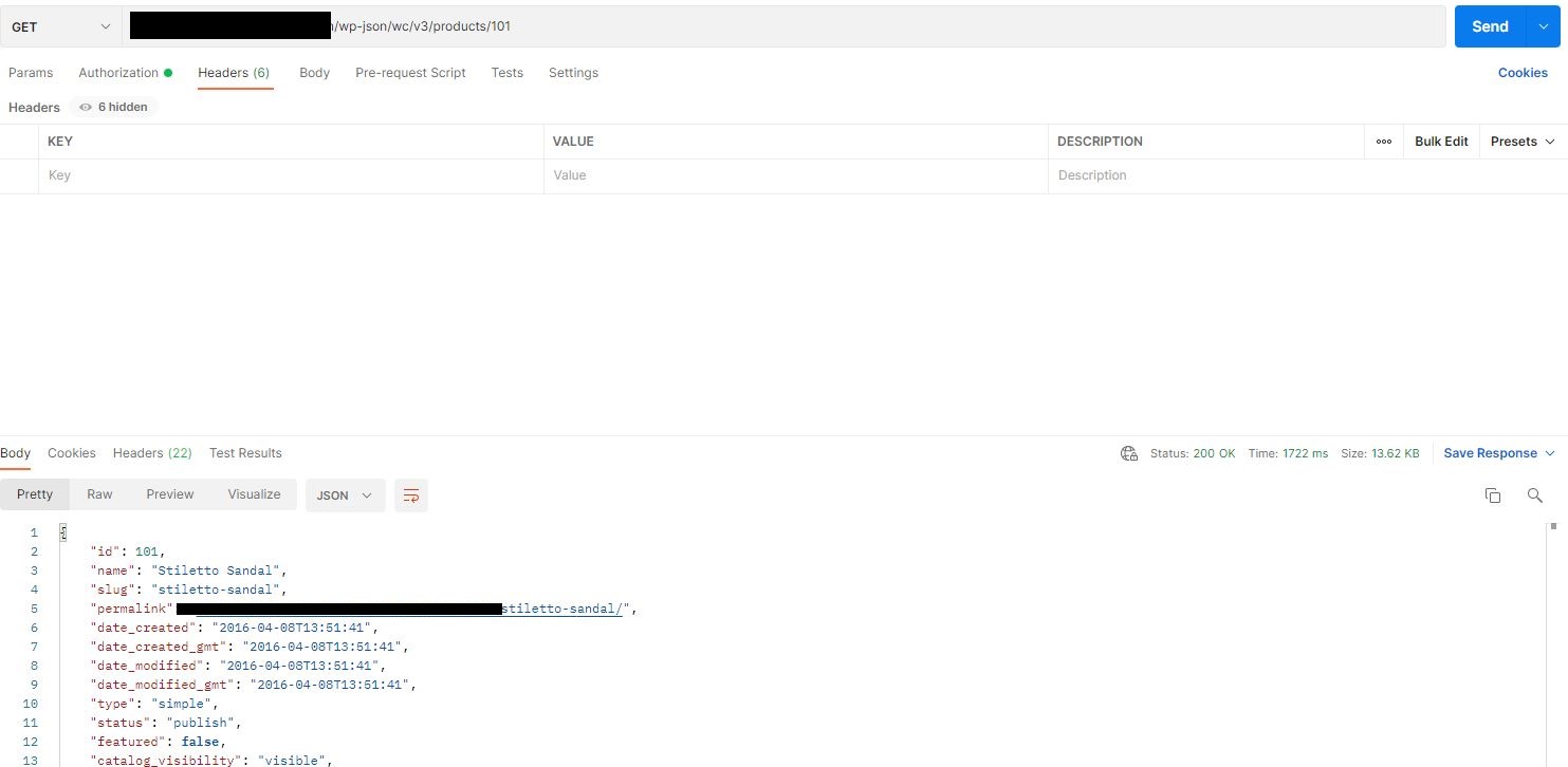 Postman screenshot of WooCommerce API request