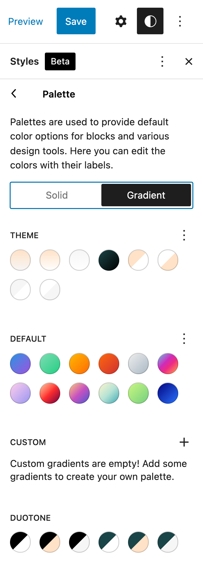 Styles > Colors > Palette > Gradient