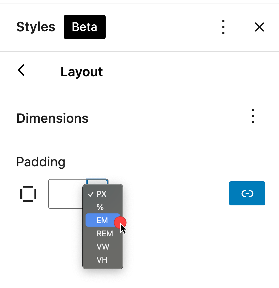 Styles > Layout > Padding options displayed