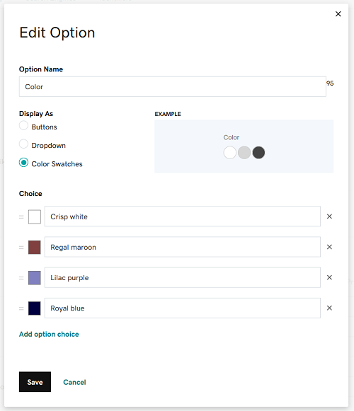 Color swatch options in Website + Marketing Ecommerce