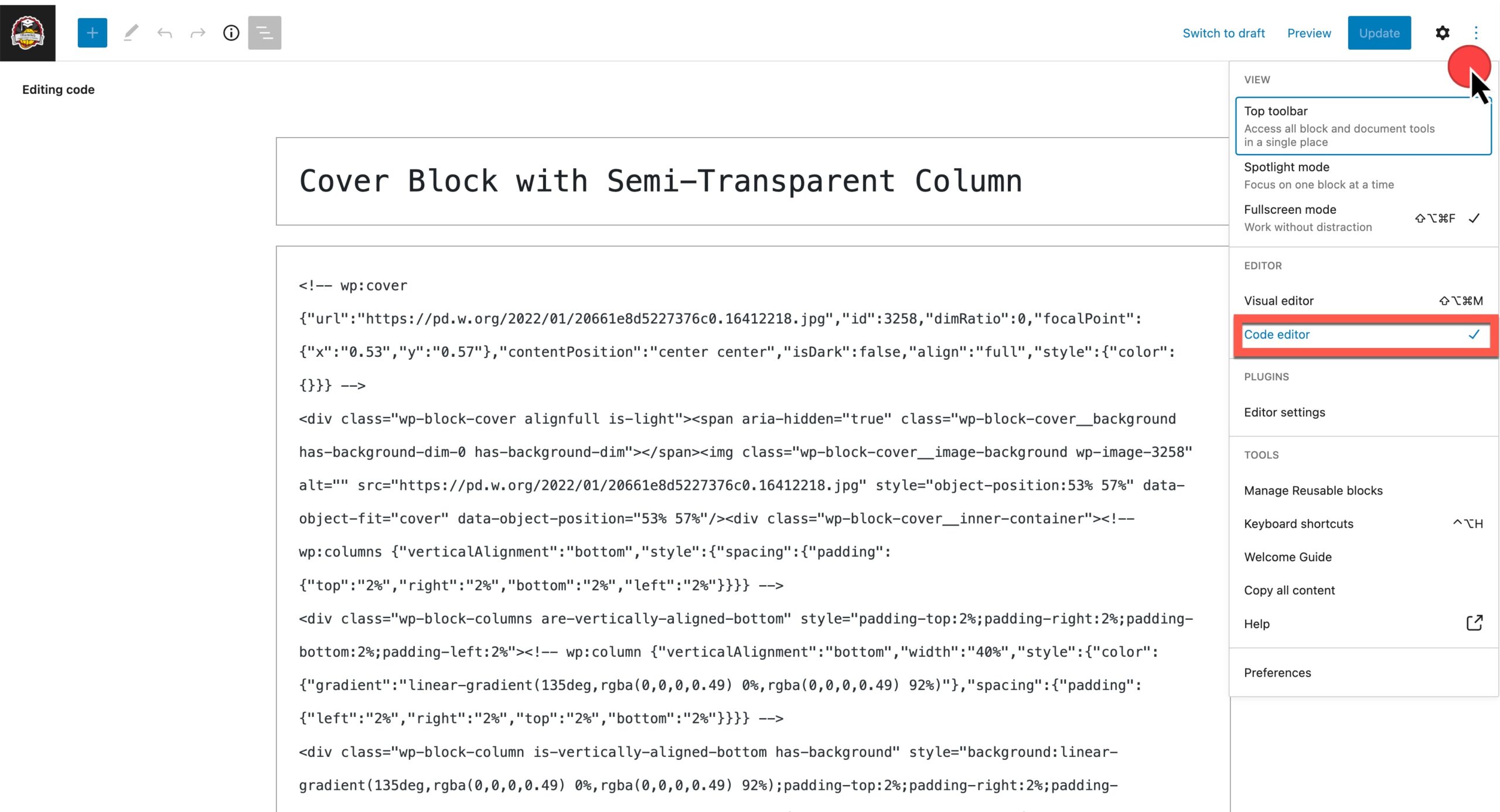 block pattern options menu selected with code editor enabled