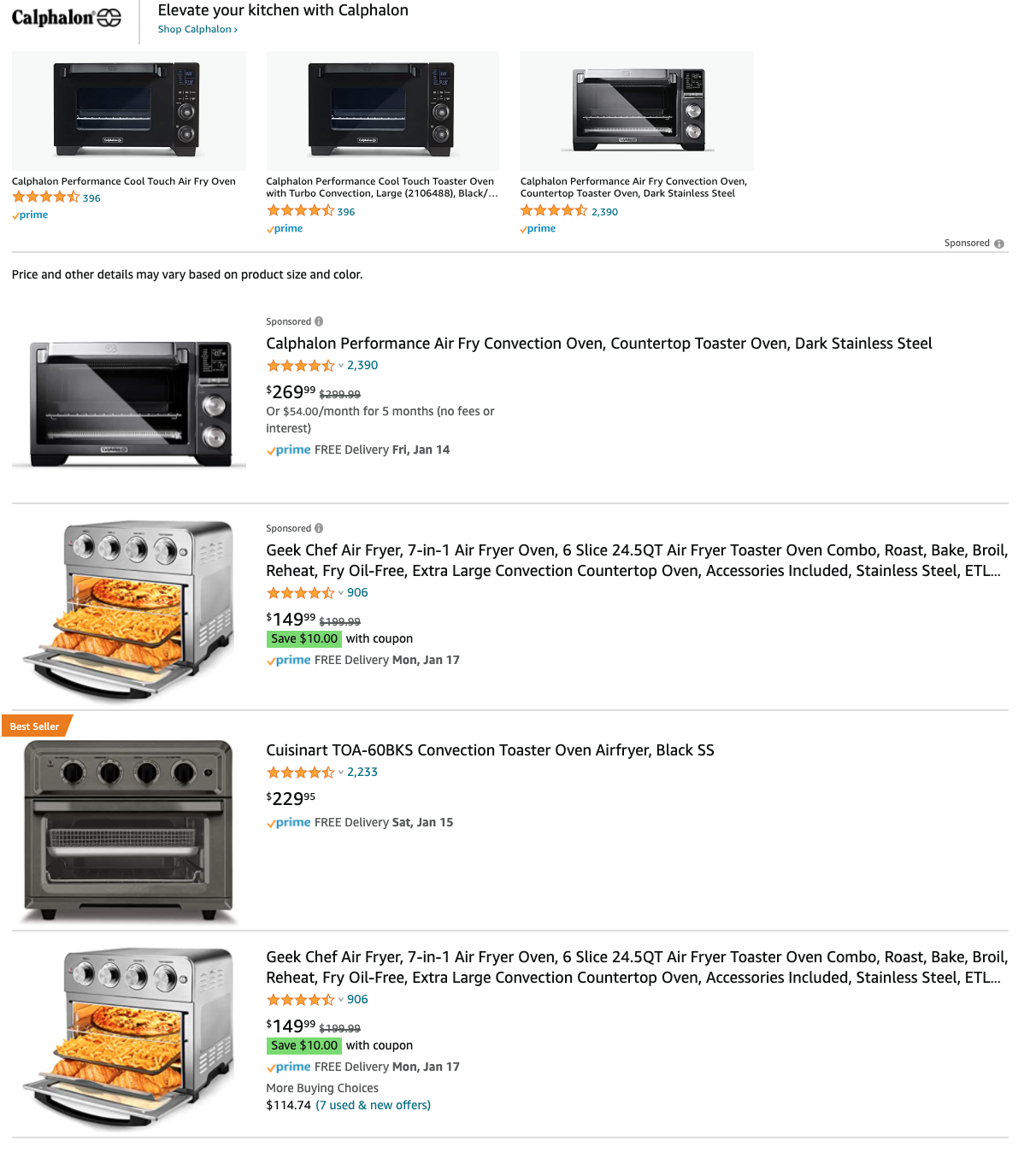 Example of sponsored convection ovens on Amazon