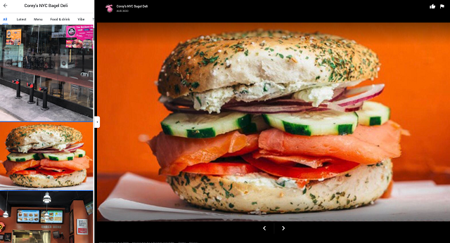 Search results showing a bagel sandwich