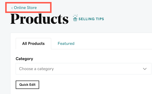 Online Store navigation option on the Products page