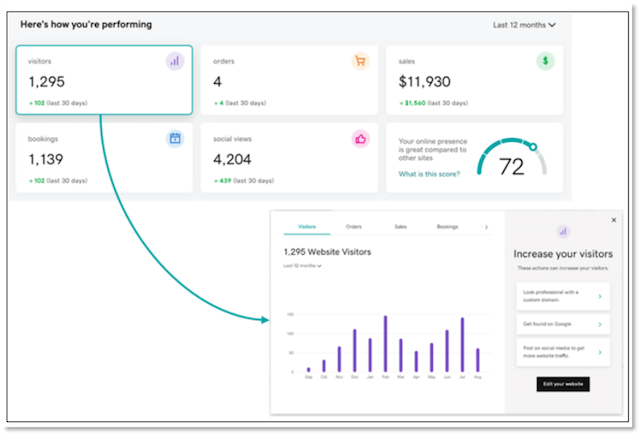 Insight reports shown on GoDaddy Website Builder