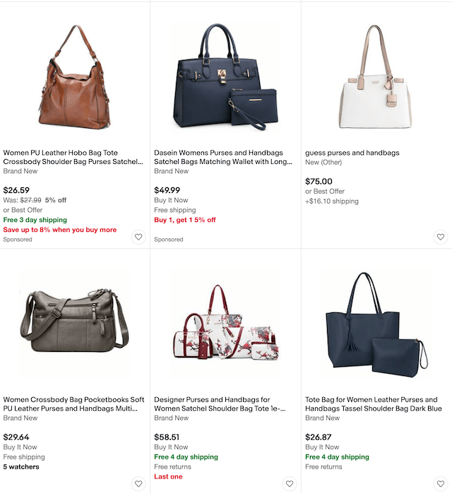 Screenshot of purses for sale on eBay