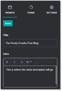 Screenshot of where to place meta description in GoDaddy Website Builder editor