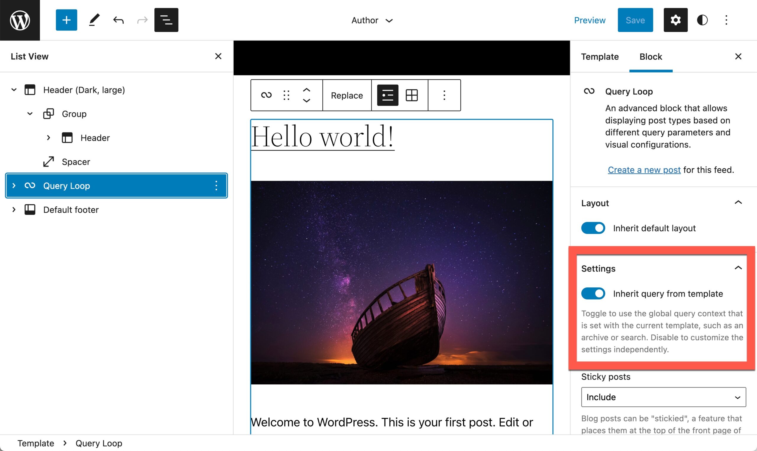 Author template displayed with a header, footer, and a query loop block displayed. The block options for the query block are shown with a highlight around 