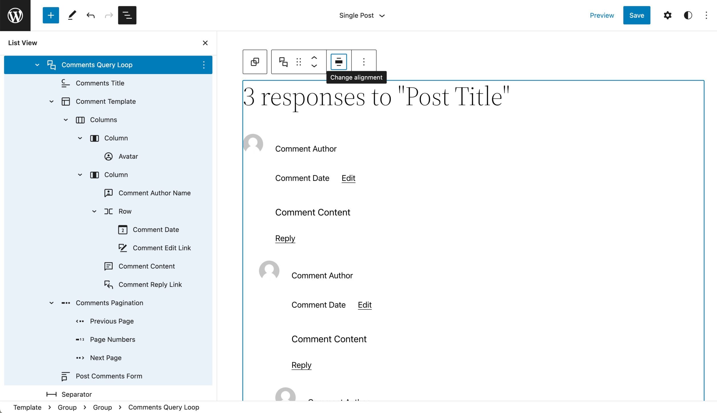 List view expanded to display the comments query loop and each block it contains.