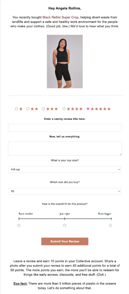 Girlfriend Collective post-purchase email with request for review