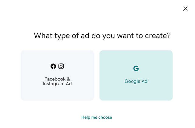 Ad selection options, Facebook or Google Ad