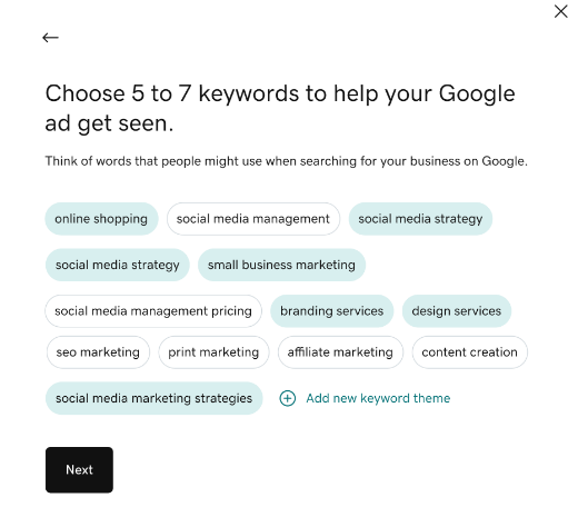 Keyword selection screen for Google ad