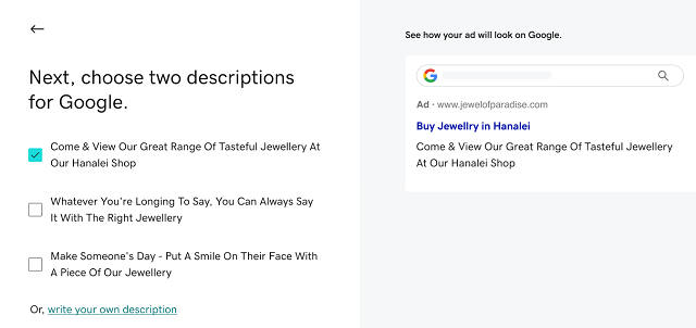 Description selection screen for Google ad