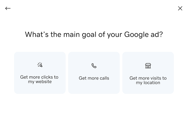 Goal selection screen for Google ad