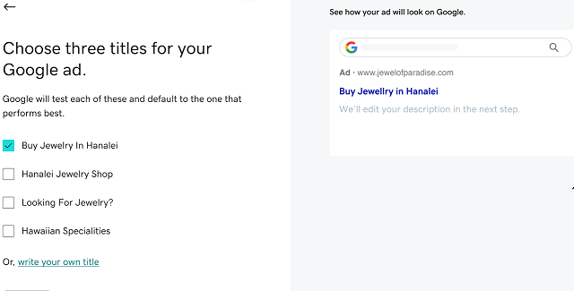 Title selection screen for Google ad