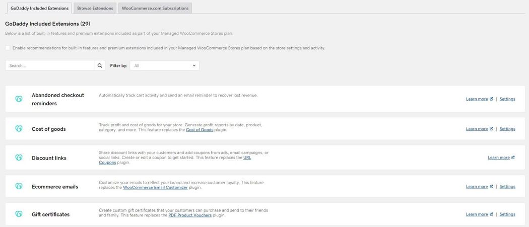 screenshot of GoDaddy included extensions in WooCommerce