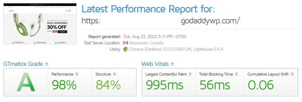 screenshot of performance metrics showing grade A with 98% in performance from GTmetrix