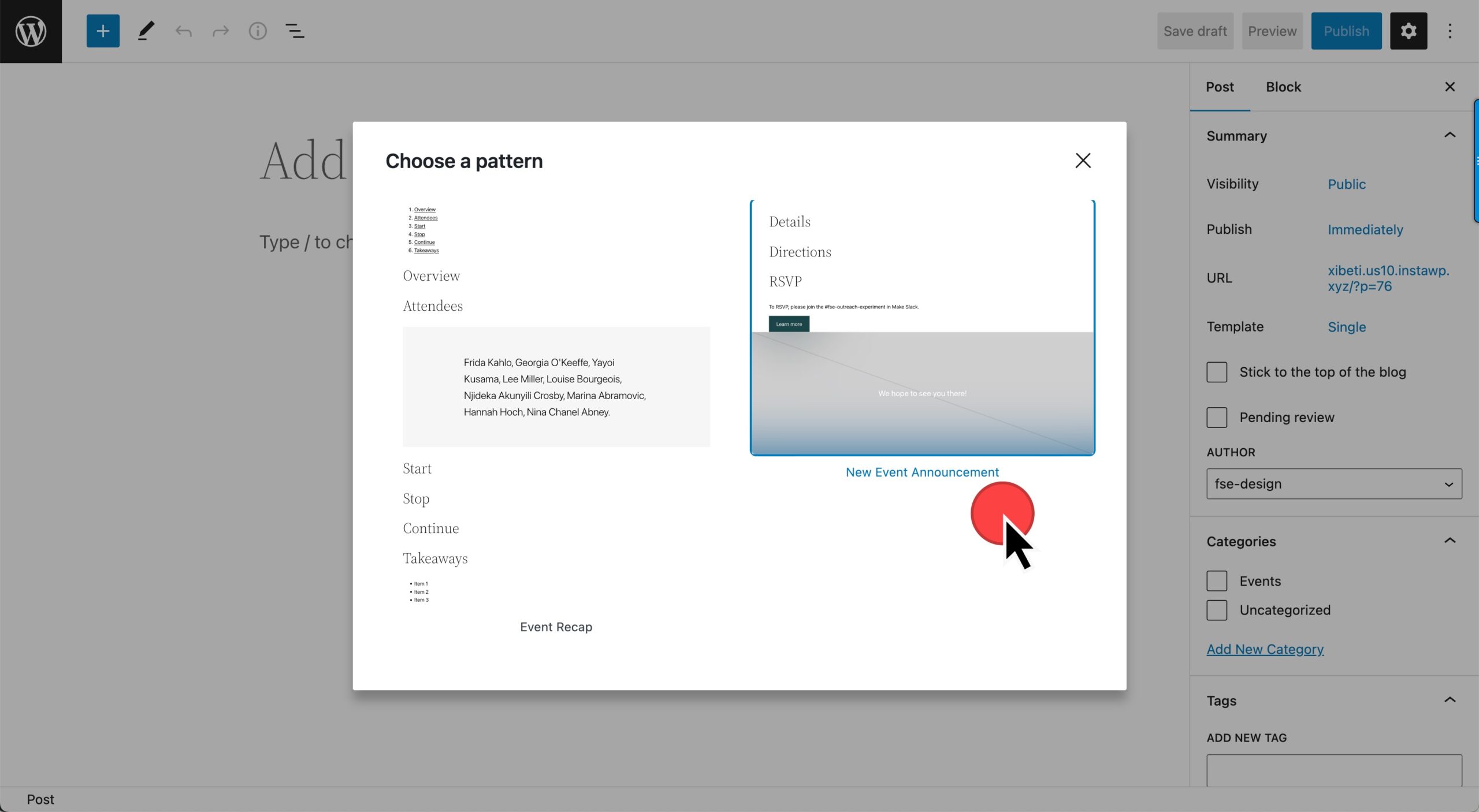 WordPress 6.1 Just after adding a new post, a modal pops up prompting the user to select a pattern