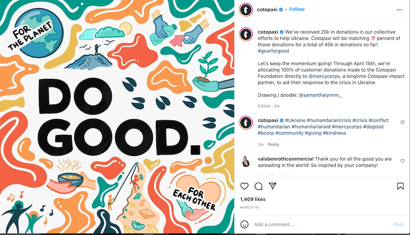 Cotopaxi's colorful Instagram post of various doodles, people, and the words "Do Good" 