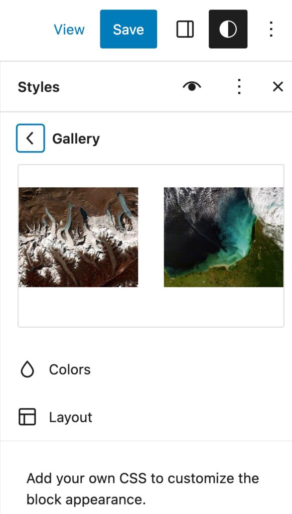 Site Editor, Styles, Blocks Gallery selected with the block preview displayed